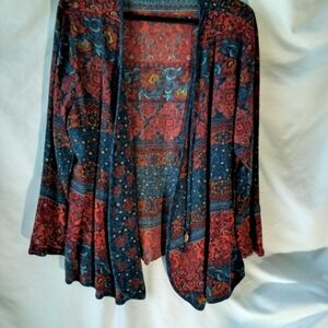 Elegant Red and Blue Patterned Women's Cardigan